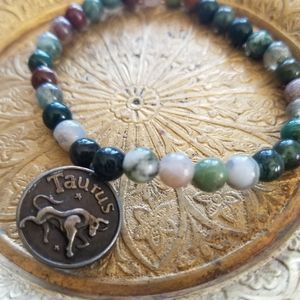 Taurus Charm Agate Beaded Bracelet
